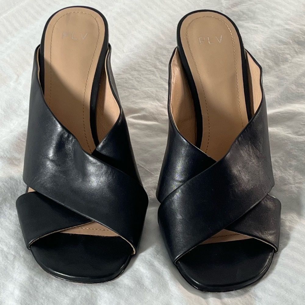 PLV Black Leather Slides with Celluloid Block Heel 3.5"  - Size 6.5